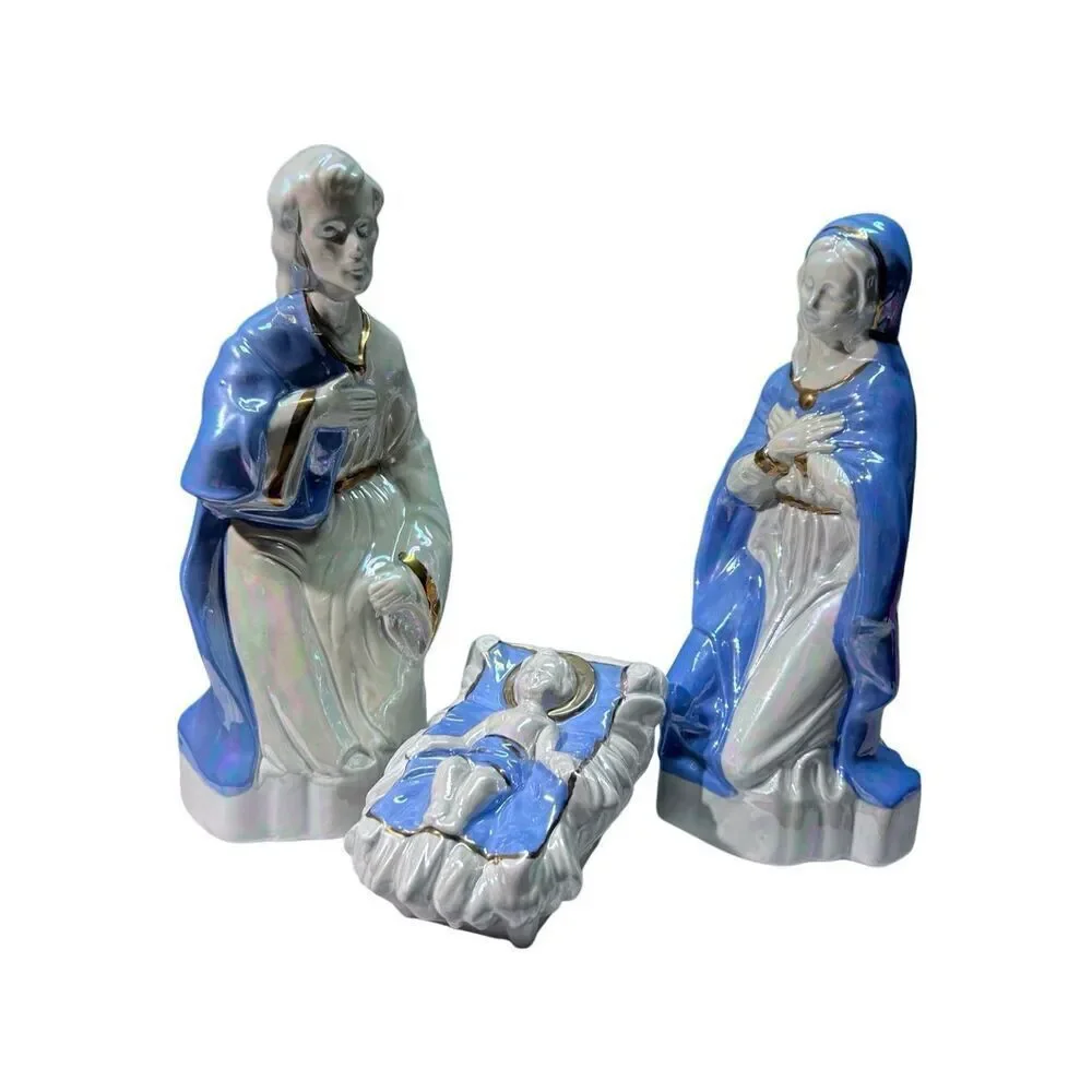 Porcelain Nativity Set Holy Family Joseph Mary Jesus Blue